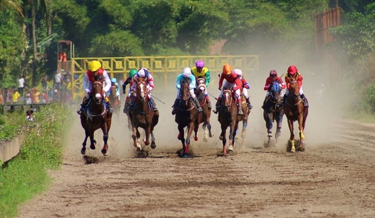 Front view of horses racing on sand
