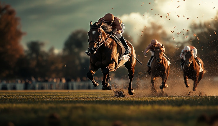 Three horses galloping in a race