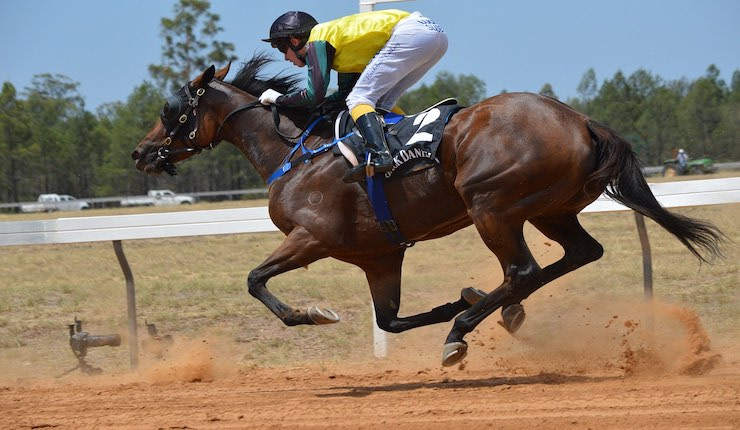 Jockey in yellow racing on horse
