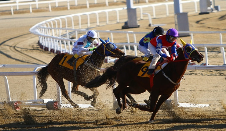 Three horses racing on sand