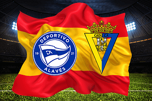 Spanish flag in the background with Alaves and Cadiz football badges in front