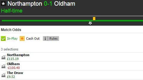 Betfair Match Odds market for Northampton Town v Oldham Athletic at half-time
