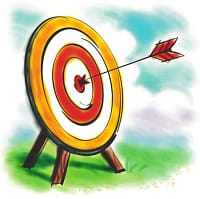 Cartoon archery target with an arrow in the bullseye used to illustrate the point that football traders should always be working towards an overall target.