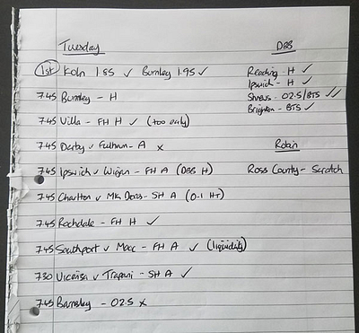 Handwritten shortlist of football trades and bets