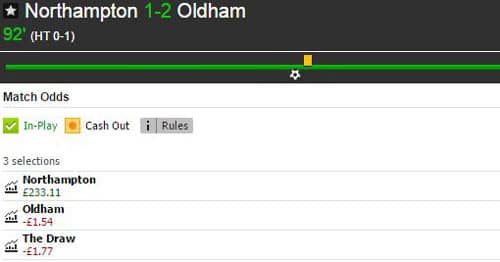 Betfair Match Odds market for Northampton Town v Oldham Athletic at full-time