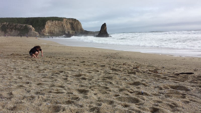 View of a sandy beach with waves and rocks in Davenport Beach, California.