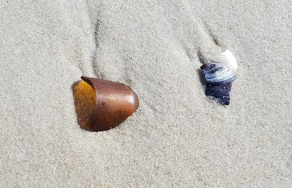 Brown sea glass in the sand on Long Beach Island, New Jersey.