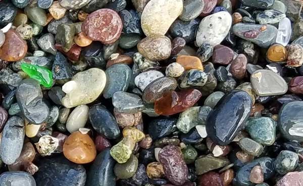 Image of brown sea glass laying on colorful pebbles on 40 Steps Beach, Nahant, Massachusetts.