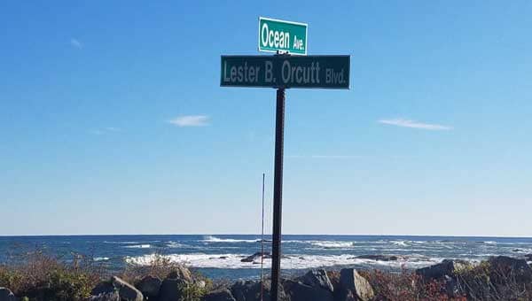Beachfront street sign near East Point Sanctuary and East Point Beach, Biddeford, Maine.