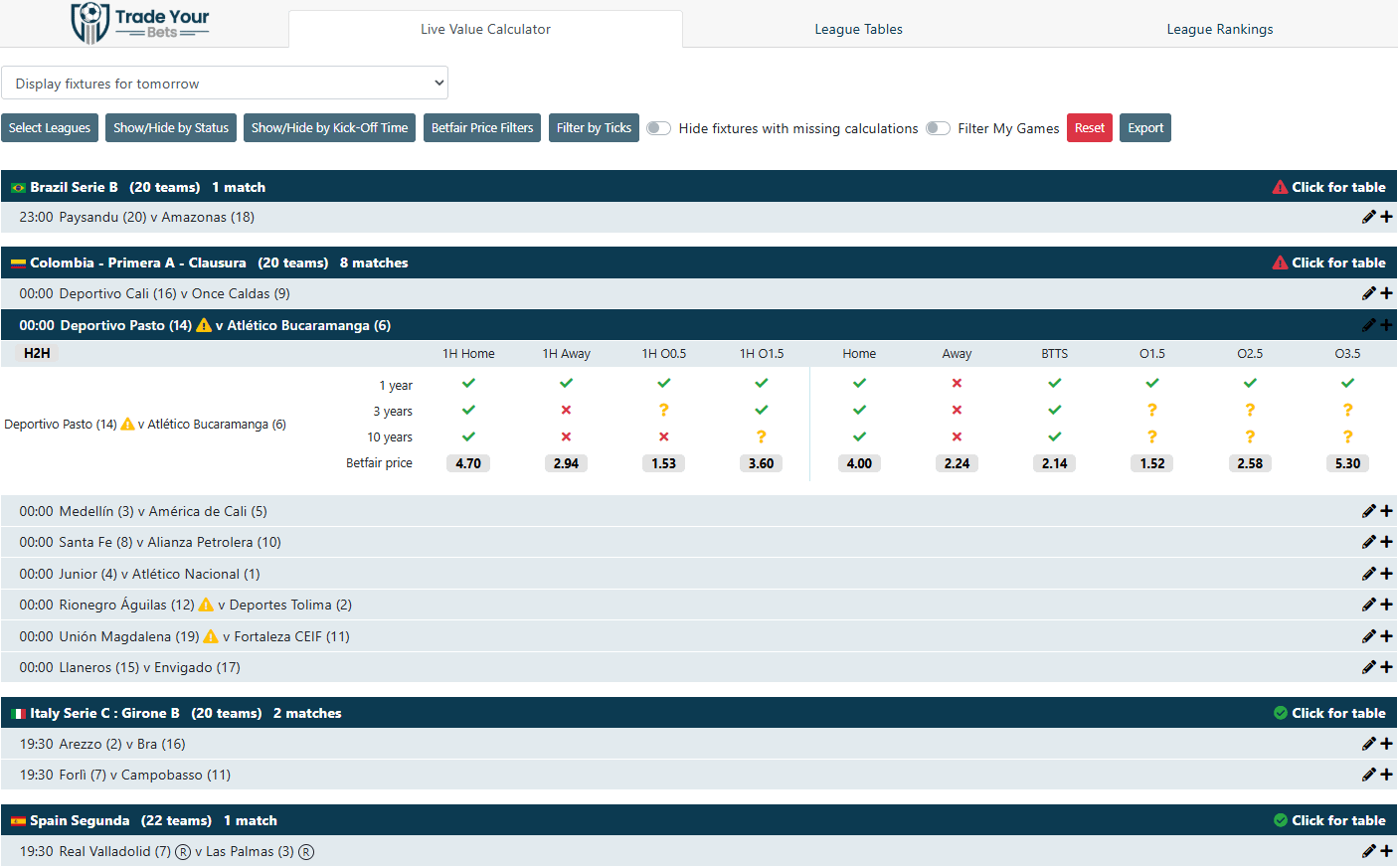An example of the Live Value Calculator tool showing fixtures for the day ahead.