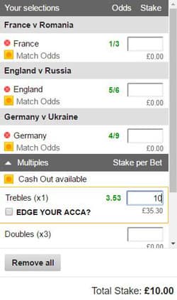 A betting slip which shows a treble bet.