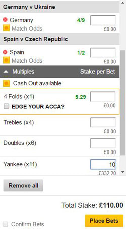 Yankee bet on a betting slip