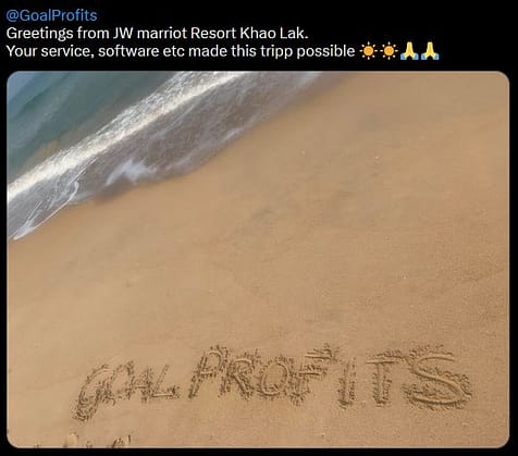"Goal Profits" written in the sand at the Marriott resort in Khao Lak, Thailand.