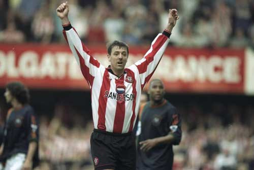 Matt Le Tissier celebrates scoring for Southampton.