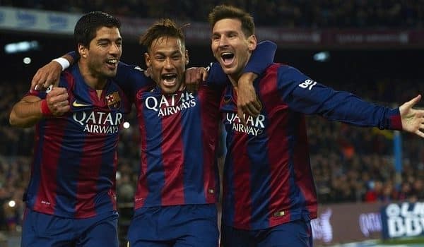 Luis Suarez, Neymar and Lionel Messi celebrate a Barcelona goal.