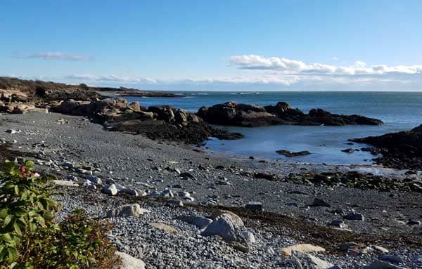 View of a rocky cove at East Point Beach, Biddeford, Maine.