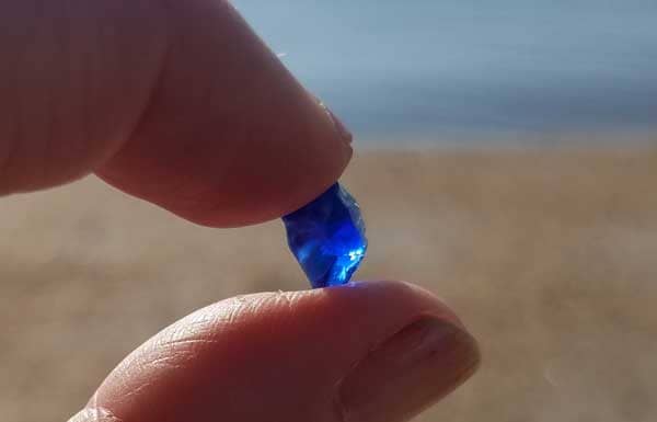 Fingers holding up a piece of cobalt blue sea glass on the beach in New Jersey.