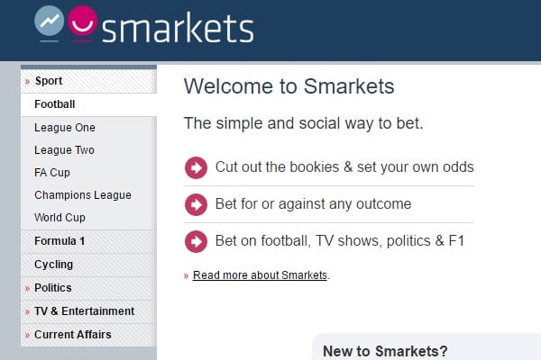 A screenshot of the Smarkets website in May 2010.