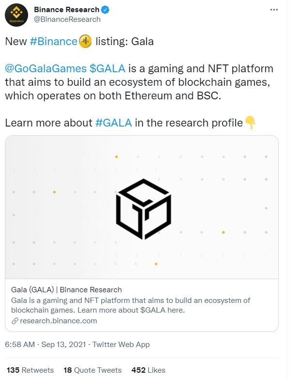 Gala Games and Binance Tweet