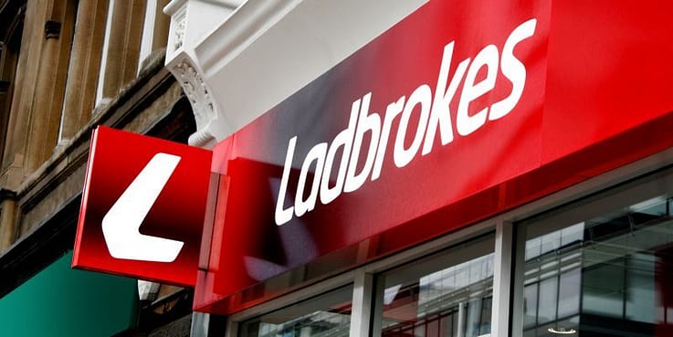 The Ladbrokes sign and logo on one of their many high street betting shops.
