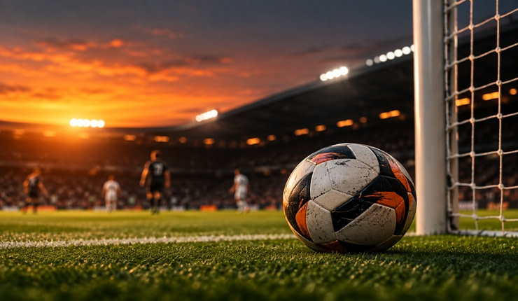 Football sitting by net with sunset in background