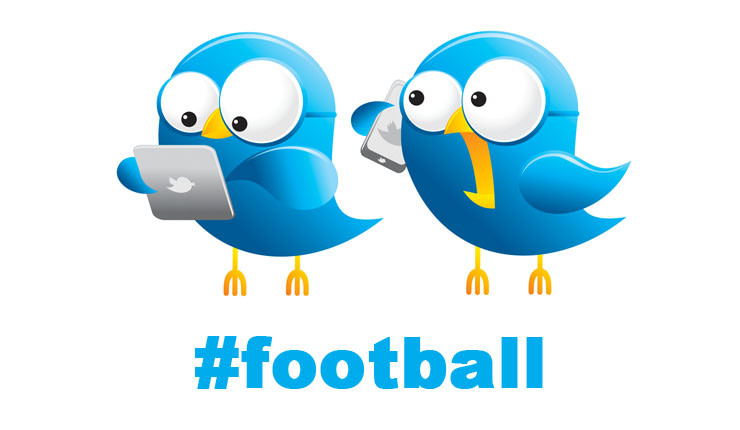 Two Twitter birds looking at Twitter on a tablet and phone with hashtag #football