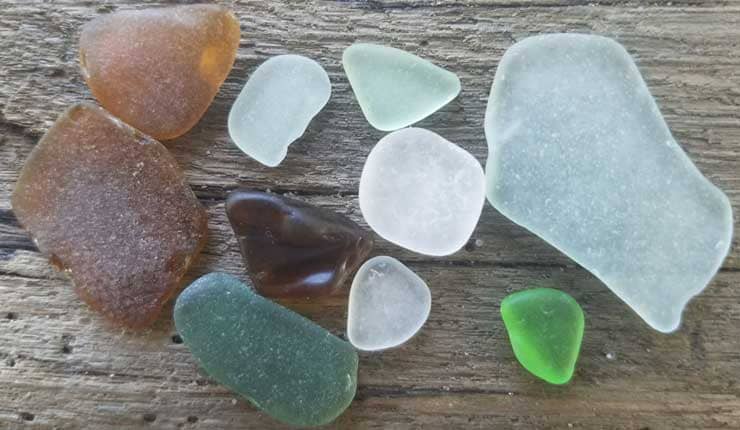 Green sea glass, brown sea glass, clear sea glass on driftwood background.from Long Beach Island, New Jersey.