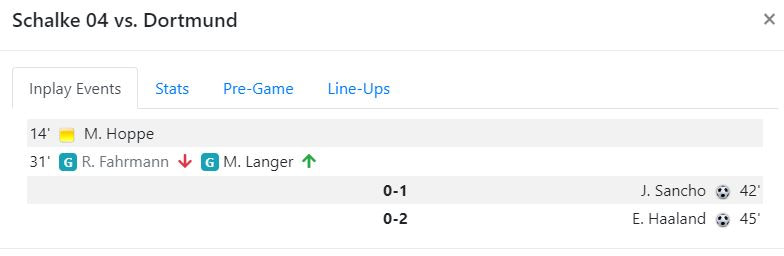 Live Stats Module example (Schalke v Dortmund): Goalkeeper substitution