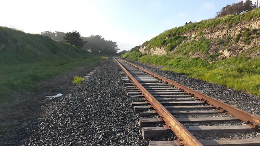 Abandoned railroad tracks at Davenport Beach
