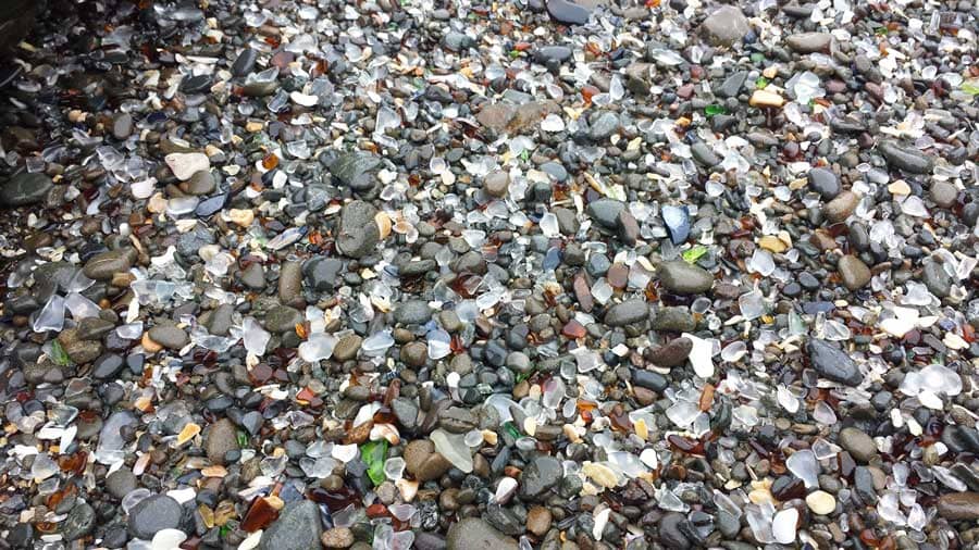 Most of the sea glass is clear, green and brown
