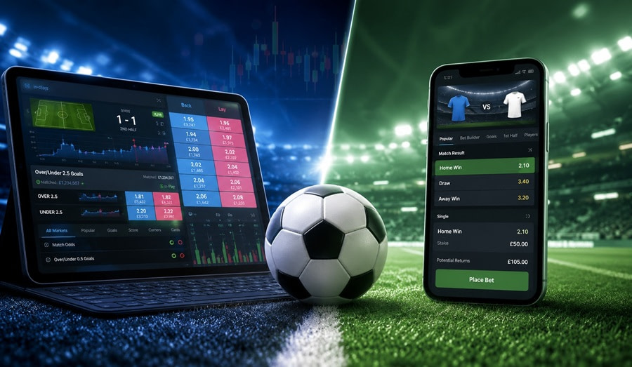 Laptop showing betting exchange and phone showing bookmaker