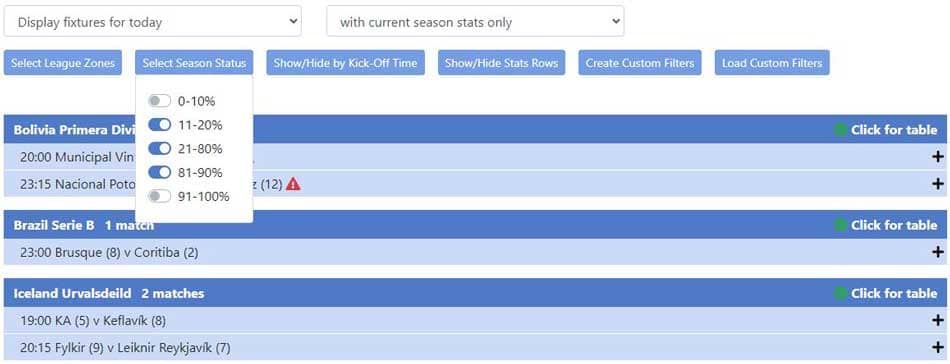 Team Statspage with Season Status filters open