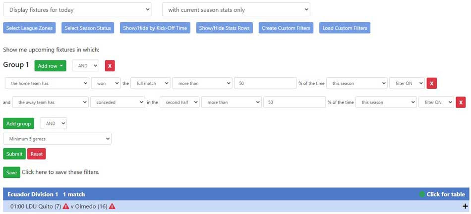 Example of a Team Stats Custom Filter