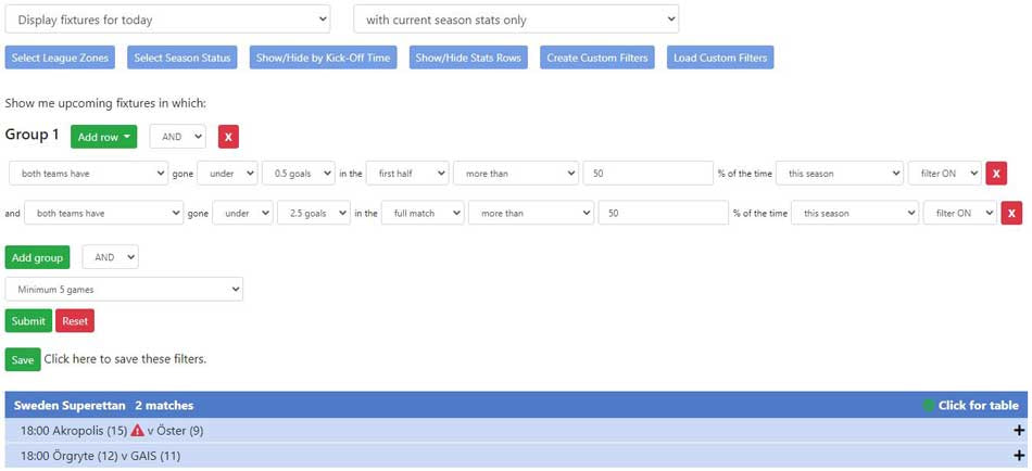 Example of a Team Stats Custom Filter