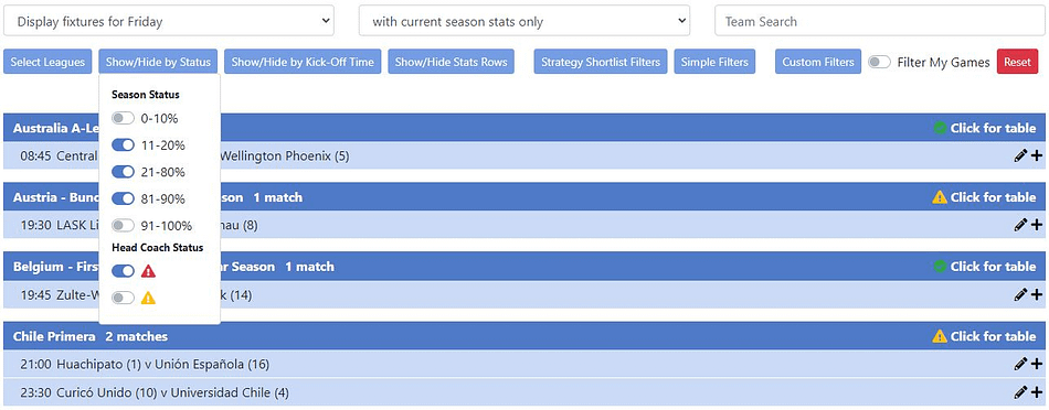 Team Stats page with Season Status filters open