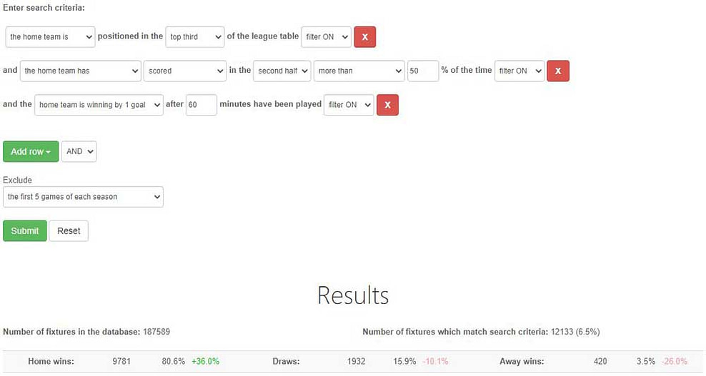 Team Stats Database: Example filter