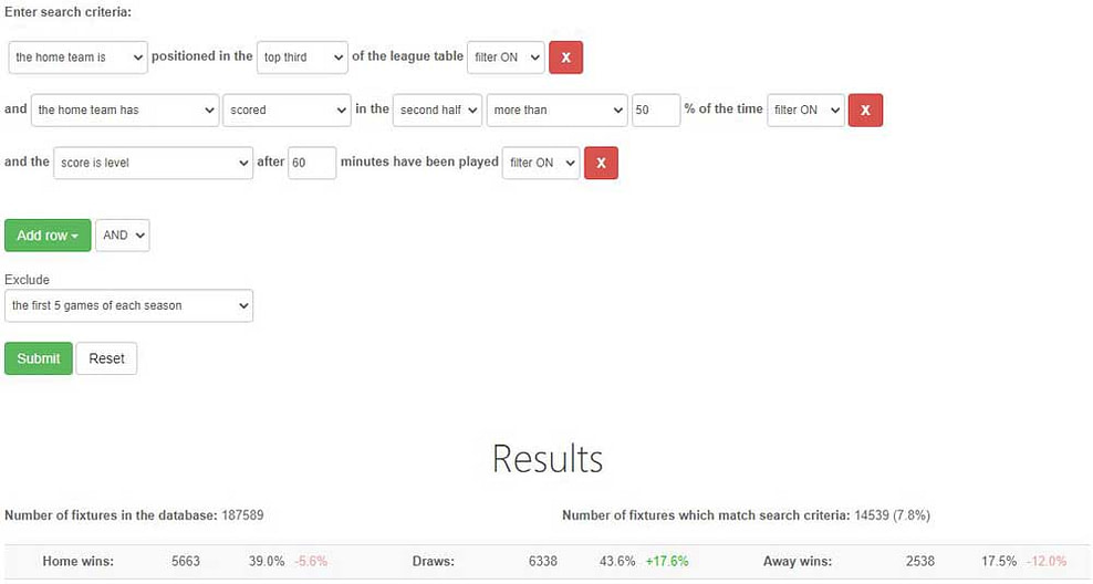 Team Stats Database: Example filter