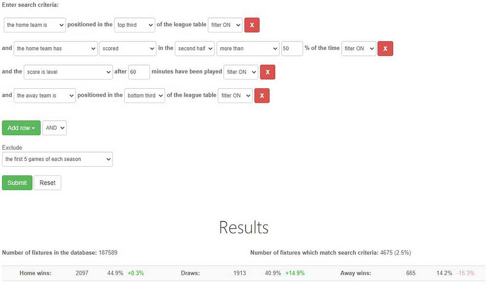 Team Stats Database: Example filter