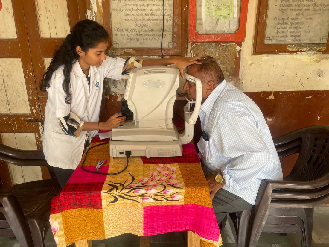 An eye test at the Eye Camp held in the village of Kadoli, India in December 2023